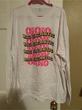 White Long Sleeve Graphic Tee with Pink & Yellow Print - Big Gigantic
